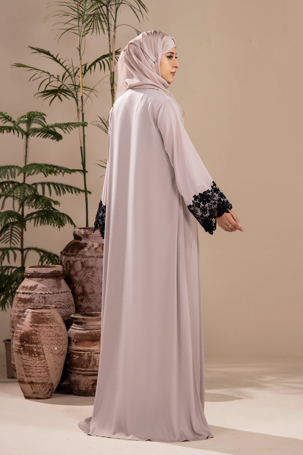 Beige Stone Lace Abaya