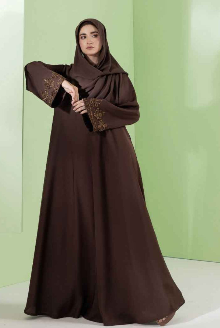 Mocha Luxe Dark Brown Hand-Embellished Umbrella Abaya | Malbus