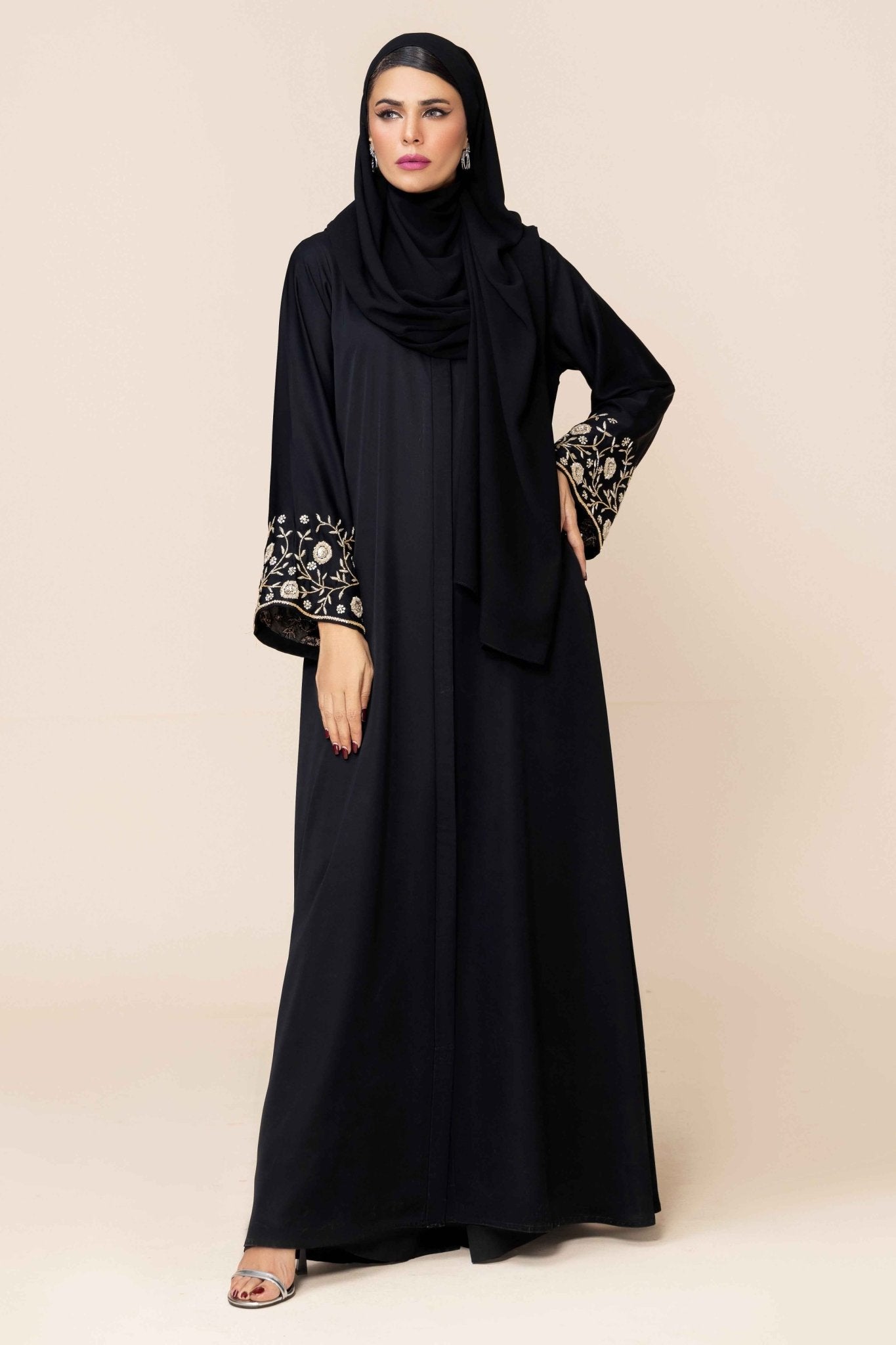 Noor Al Aswad Black Hand-Embellished Front Open Abaya | Malbus