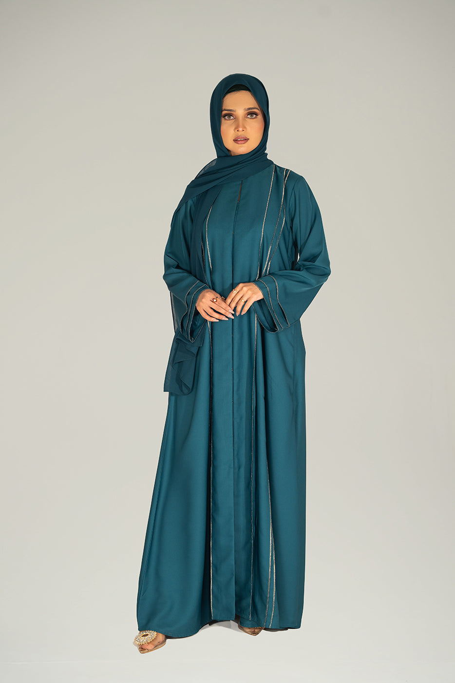  Front view showing pleated design, silver tilla embroidery, and elegant zinc shade 