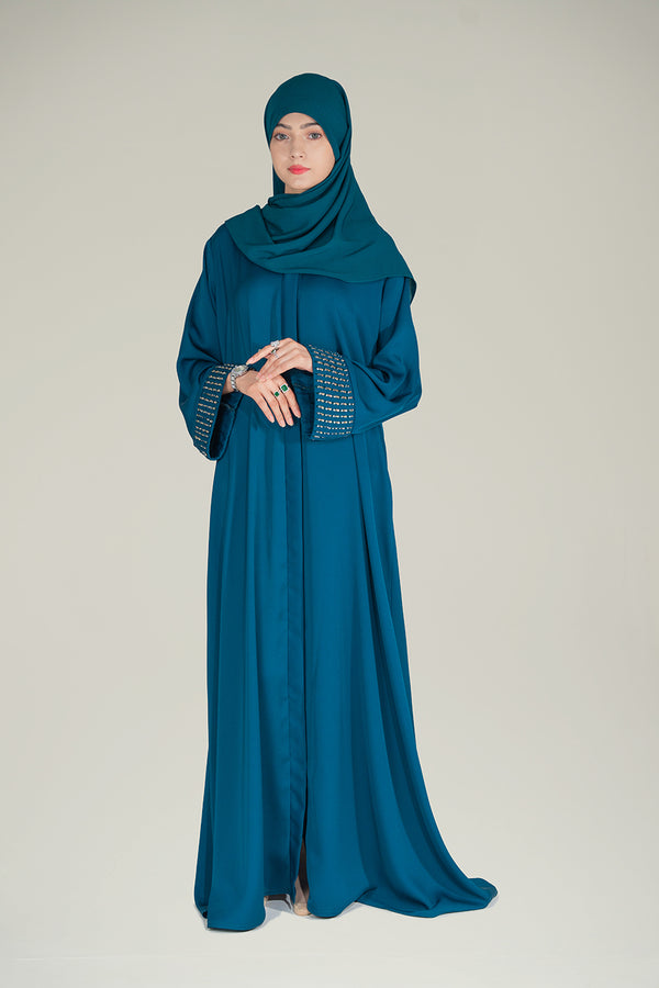 Front view of Zareen Abaya in zinc shade featuring front-open design and box-pleated sleeves
