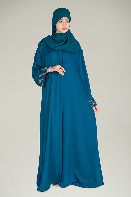 Zareen Abaya styled with matching zinc chiffon hijab, showcasing graceful and modest full-length design