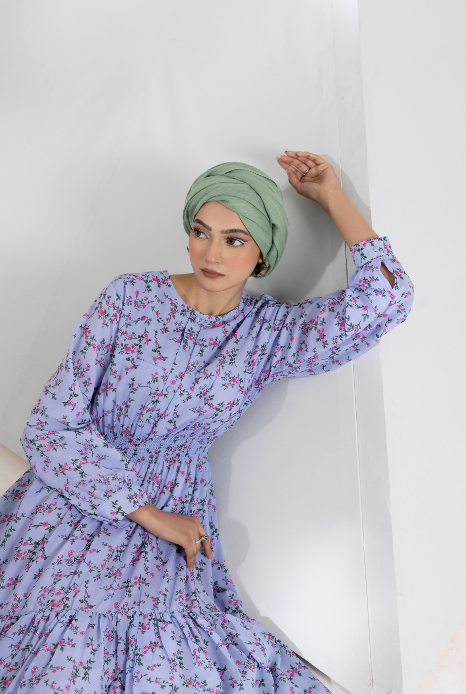 Front view, chiffon maxi with smocked waist and front yoke