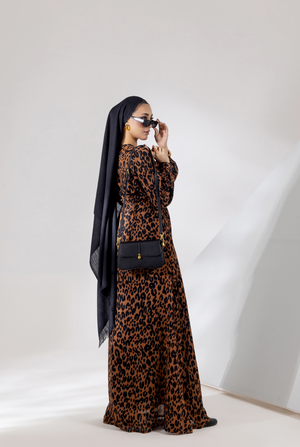 Side view, adjustable waist detail on Desert Cheetah maxi with inner belt