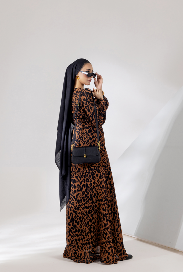 Side view, adjustable waist detail on Desert Cheetah maxi with inner belt