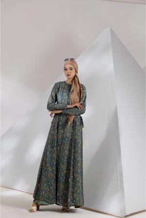 Front view, modest teal maxi with adjustable fit and flowy panels