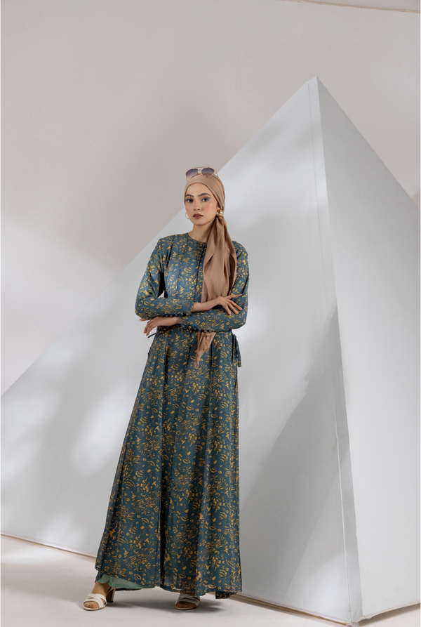 Front view, modest teal maxi with adjustable fit and flowy panels