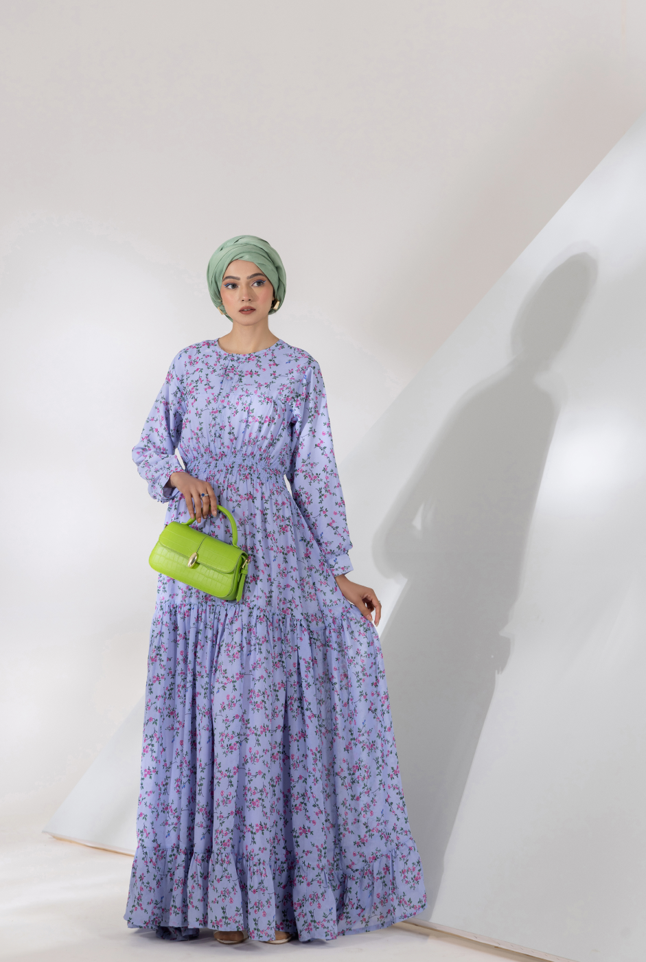 Front view, chiffon maxi with smocked waist and front yoke