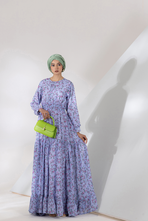 Front view, chiffon maxi with smocked waist and front yoke