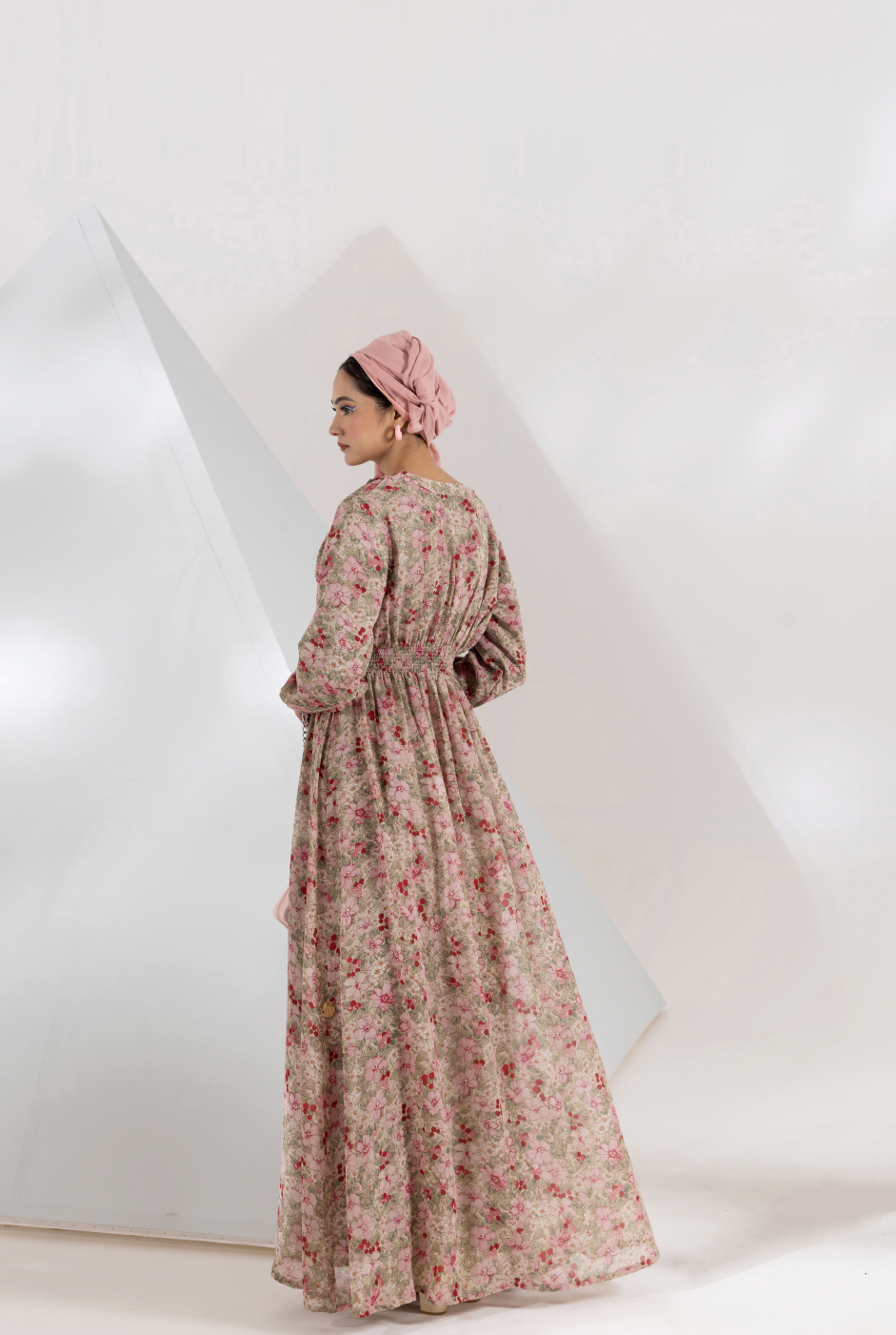 Front view,  Detail of teardrop neckline and digital print on Blossom Veil
