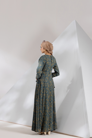 Side view, Teal paneled chiffon maxi dress with side tie string 