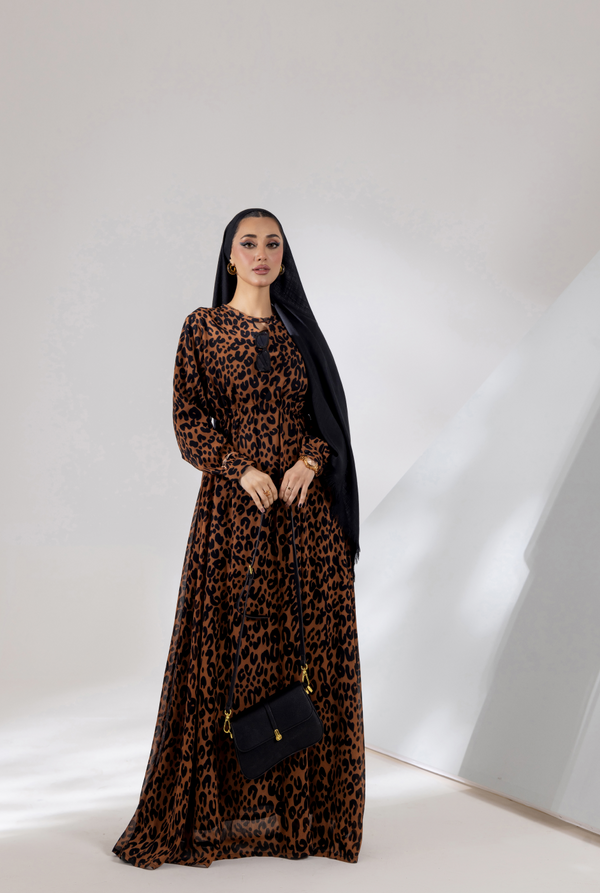 Front view, Model styling printed chiffon maxi with tailored cuff sleeves
