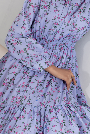 close view, Eden dress showing belt and soft digital print