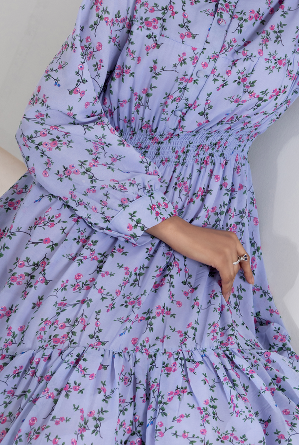 close view, Eden dress showing belt and soft digital print