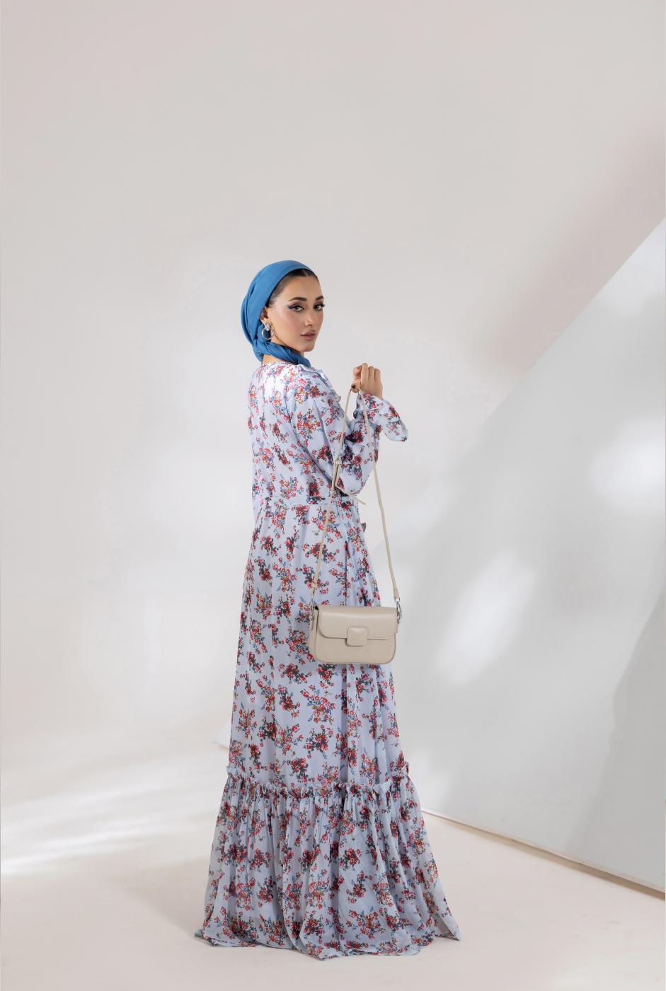 Front view of Rosalie chiffon maxi with belt and modest silhouette