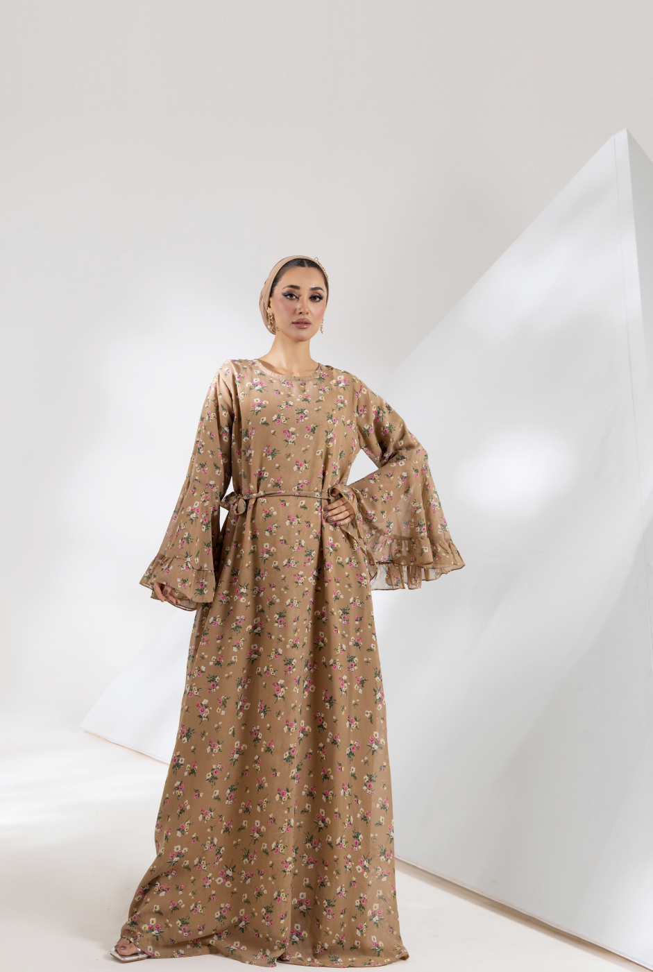 Front view, Light brown umbrella-cut chiffon maxi with ruffled sleeves