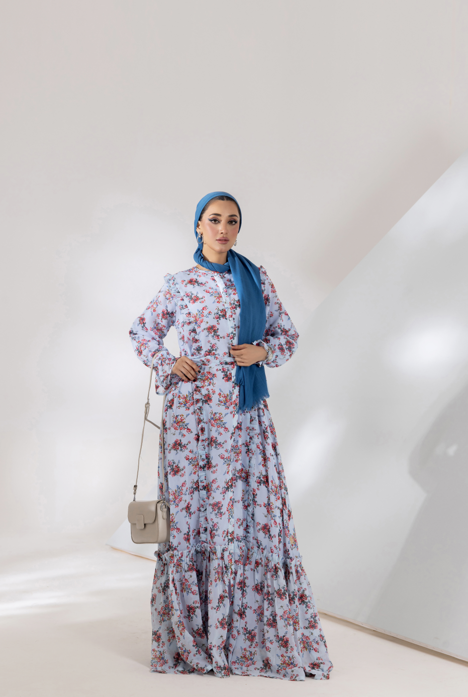 Front view of Rosalie chiffon maxi with belt and modest silhouette
