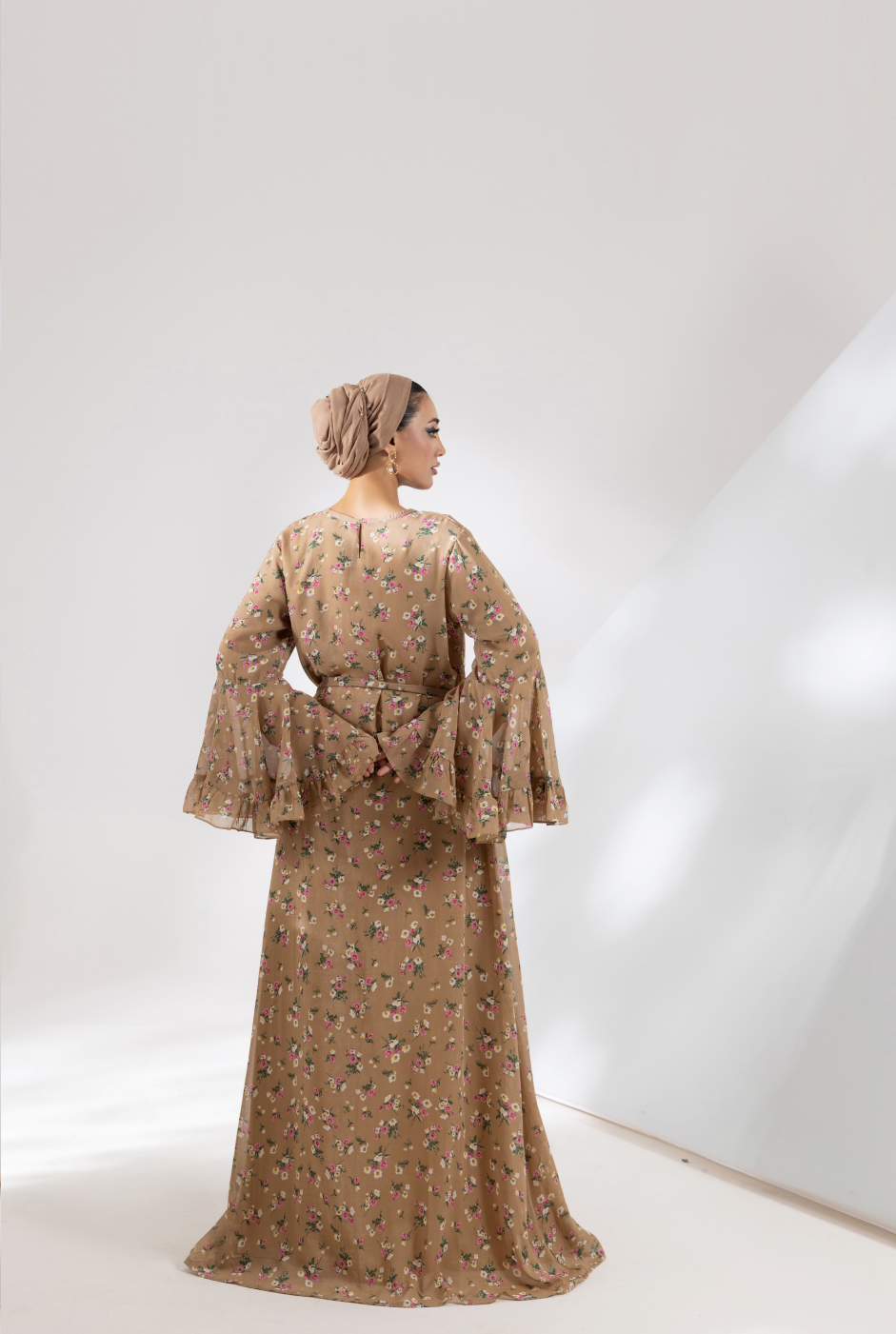Front view, Light brown umbrella-cut chiffon maxi with ruffled sleeves
