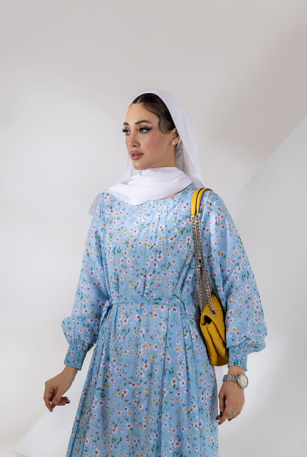 Close view, Belted waist detail on sky blue digital printed chiffon maxi