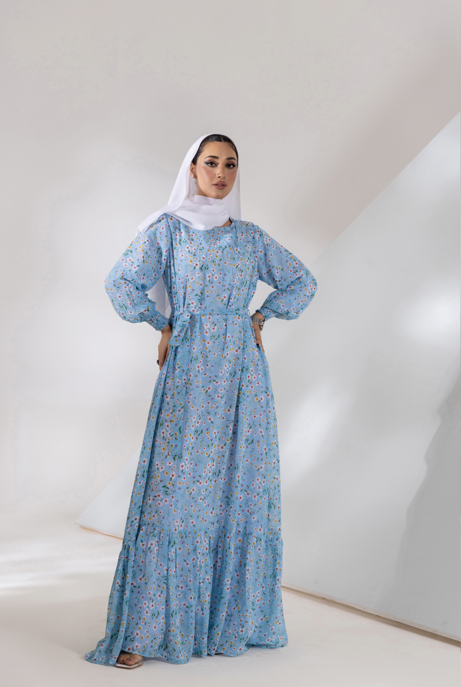 Front view, maxi with cross pin-tuck design and round neckline