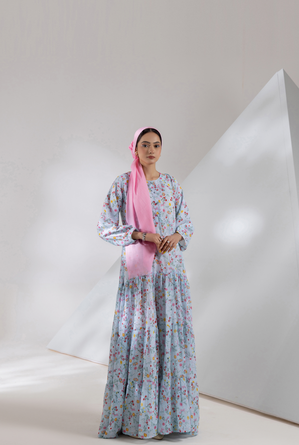 Front view, maxi with cuffed detail in soft printed chiffon