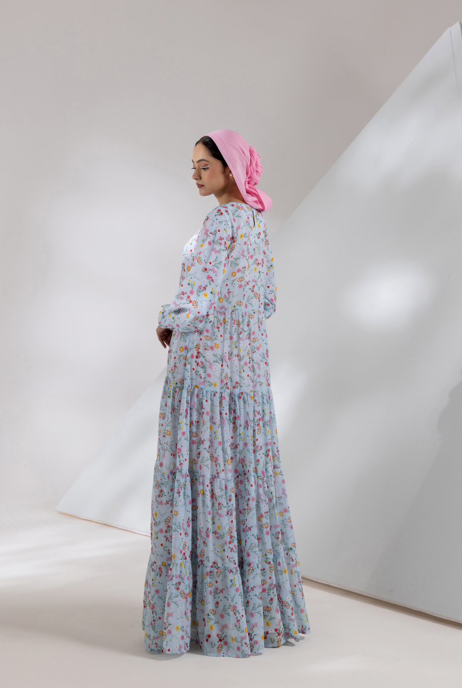 Front view, maxi with cuffed detail in soft printed chiffon