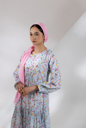 Close view, maxi showcasing neckline and digital print on Spring Bliss maxi