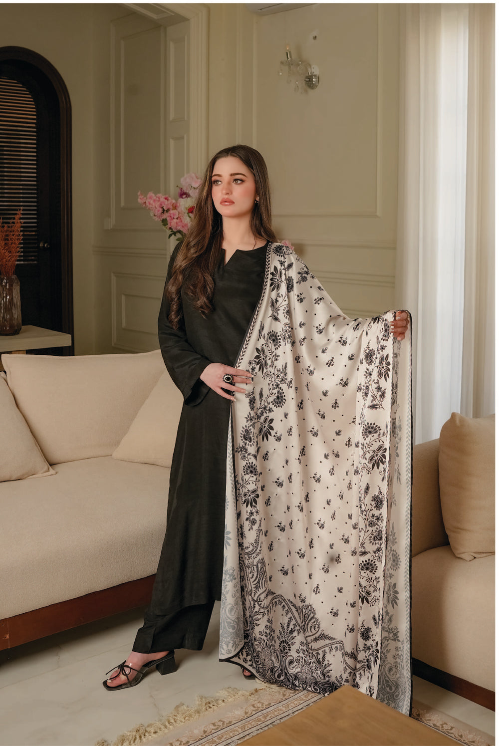 Ivory Noir Silk Shawl