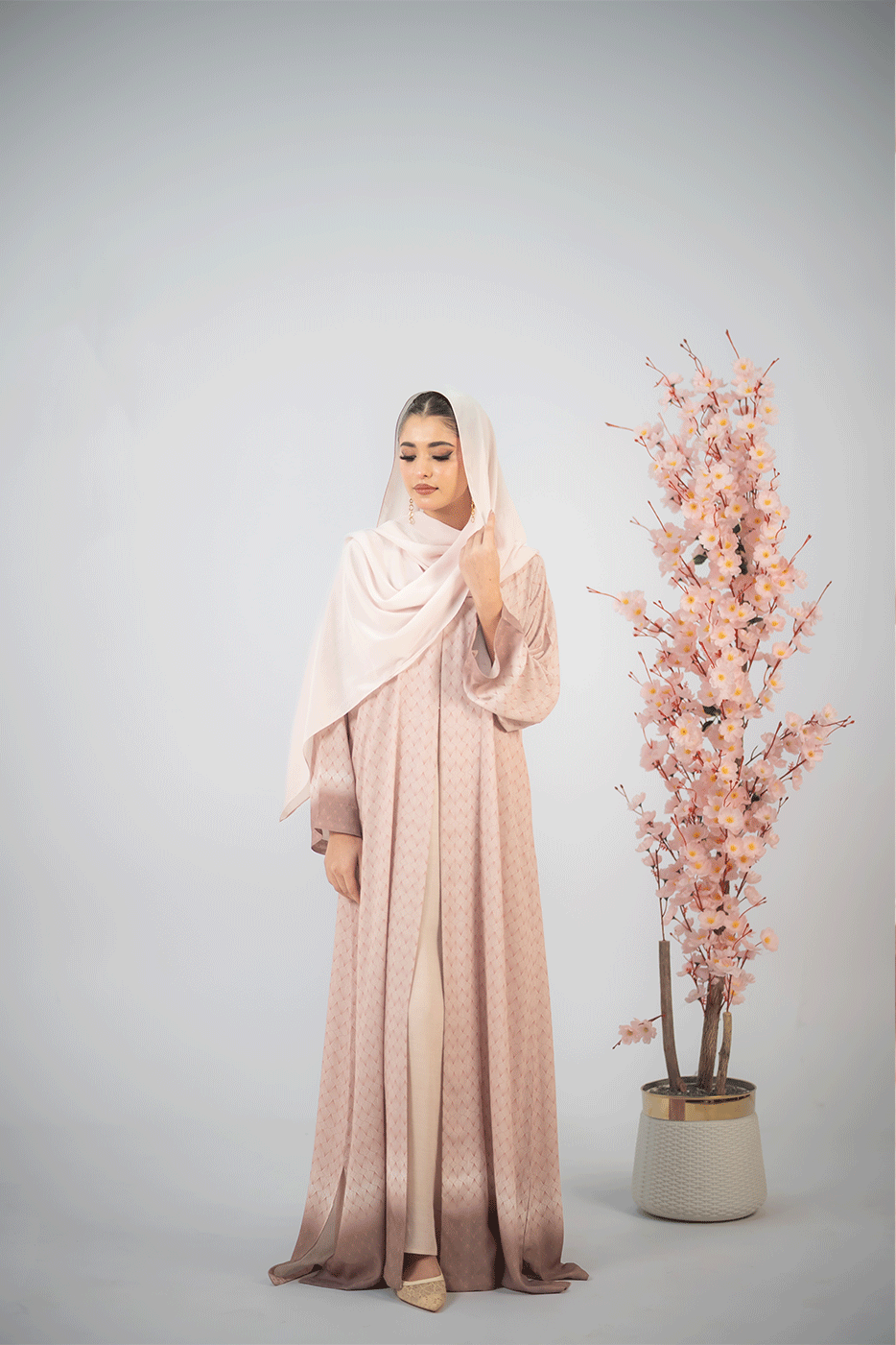kimono dress abaya pink 2-piece Abaya: butterfly kimono and short-sleeved underdress, satin fabric