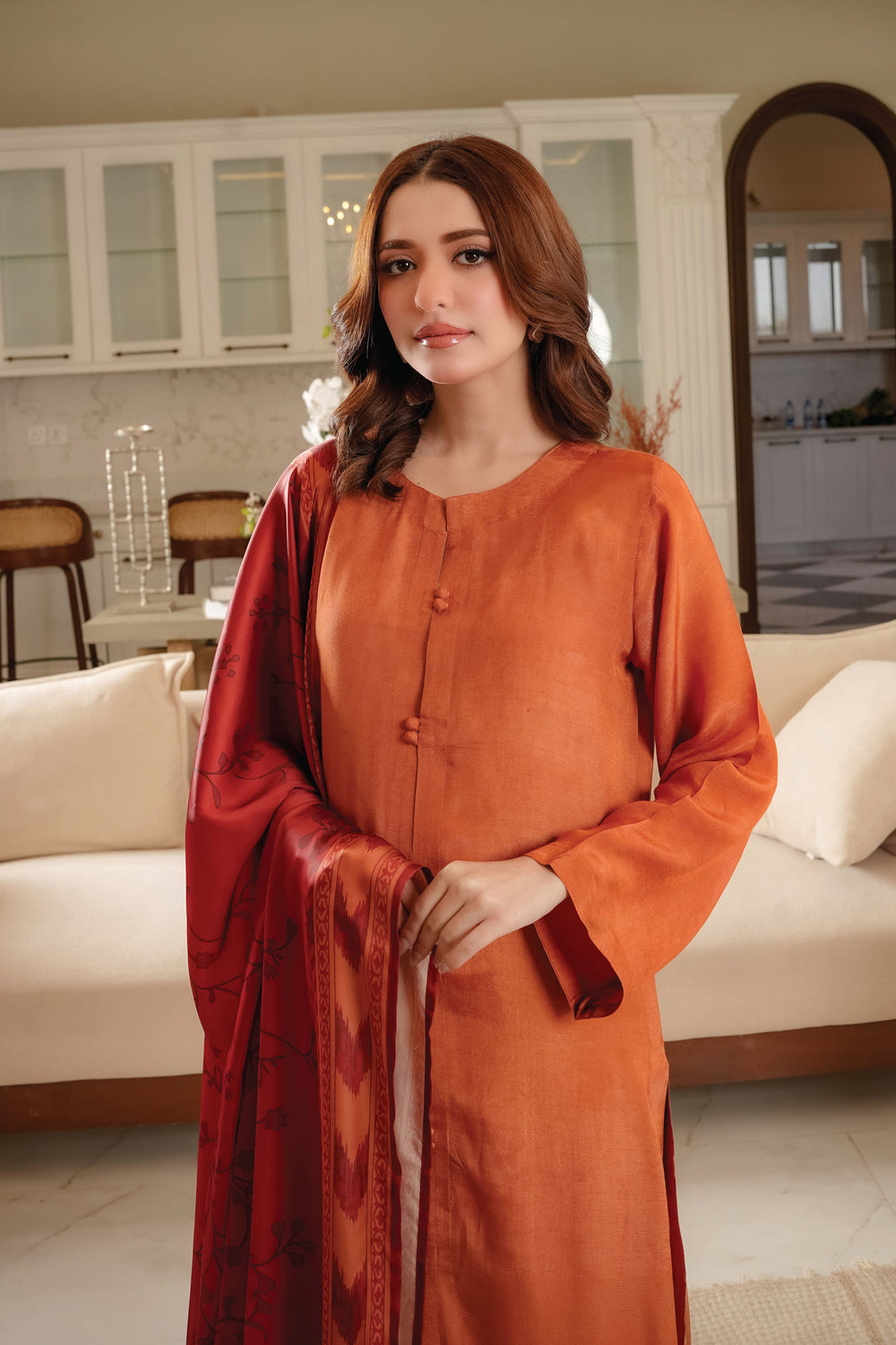 Rust Paisley Silk Shawl