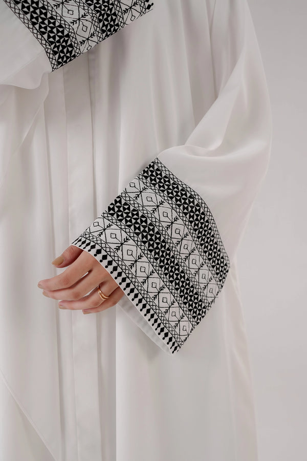White Geometric Embroidered Abaya