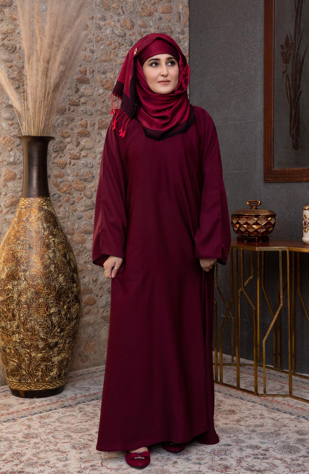Maroon Plain Straight Closed Abaya