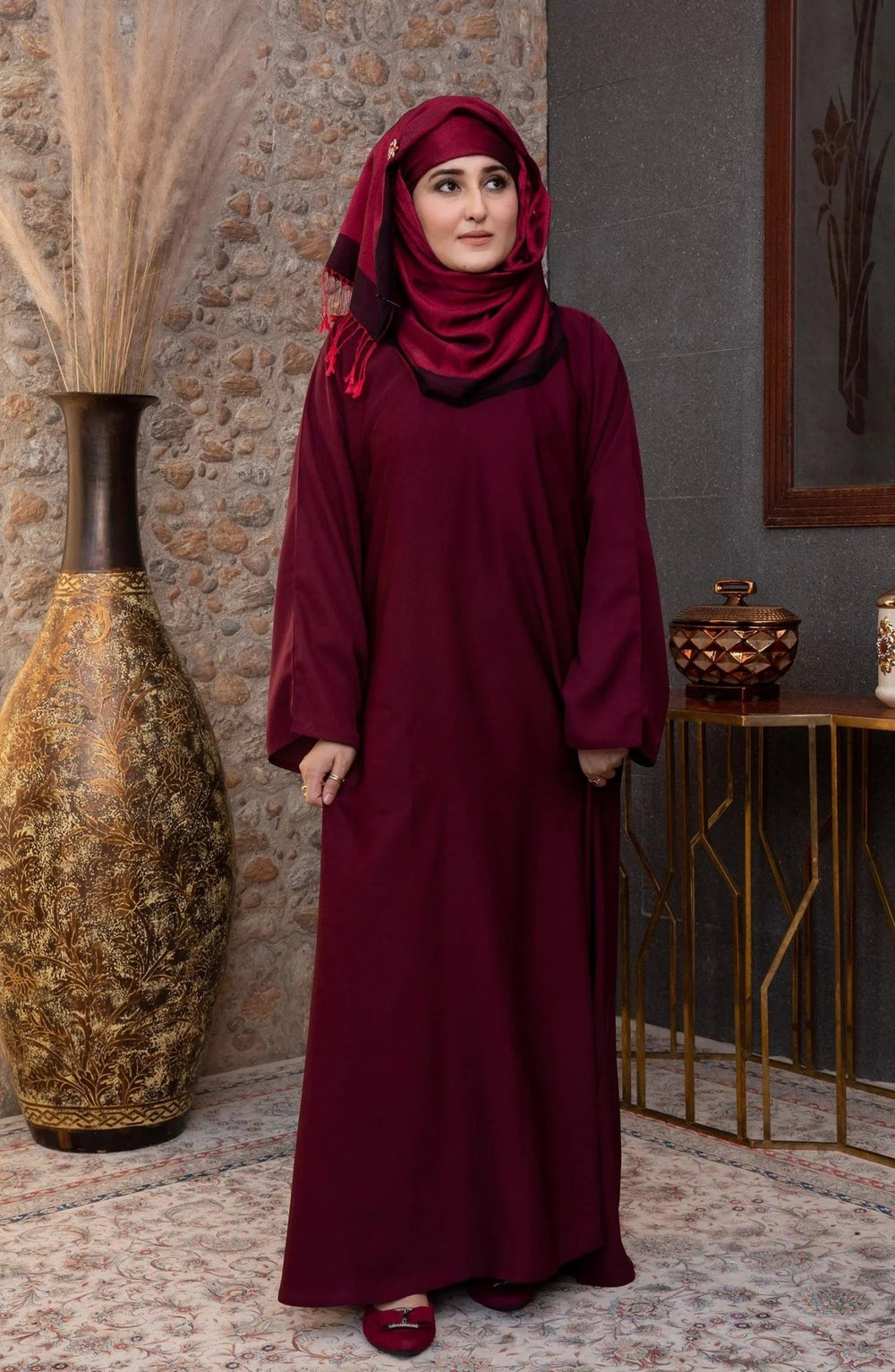 Maroon Plain Straight Closed Abaya - Malbus