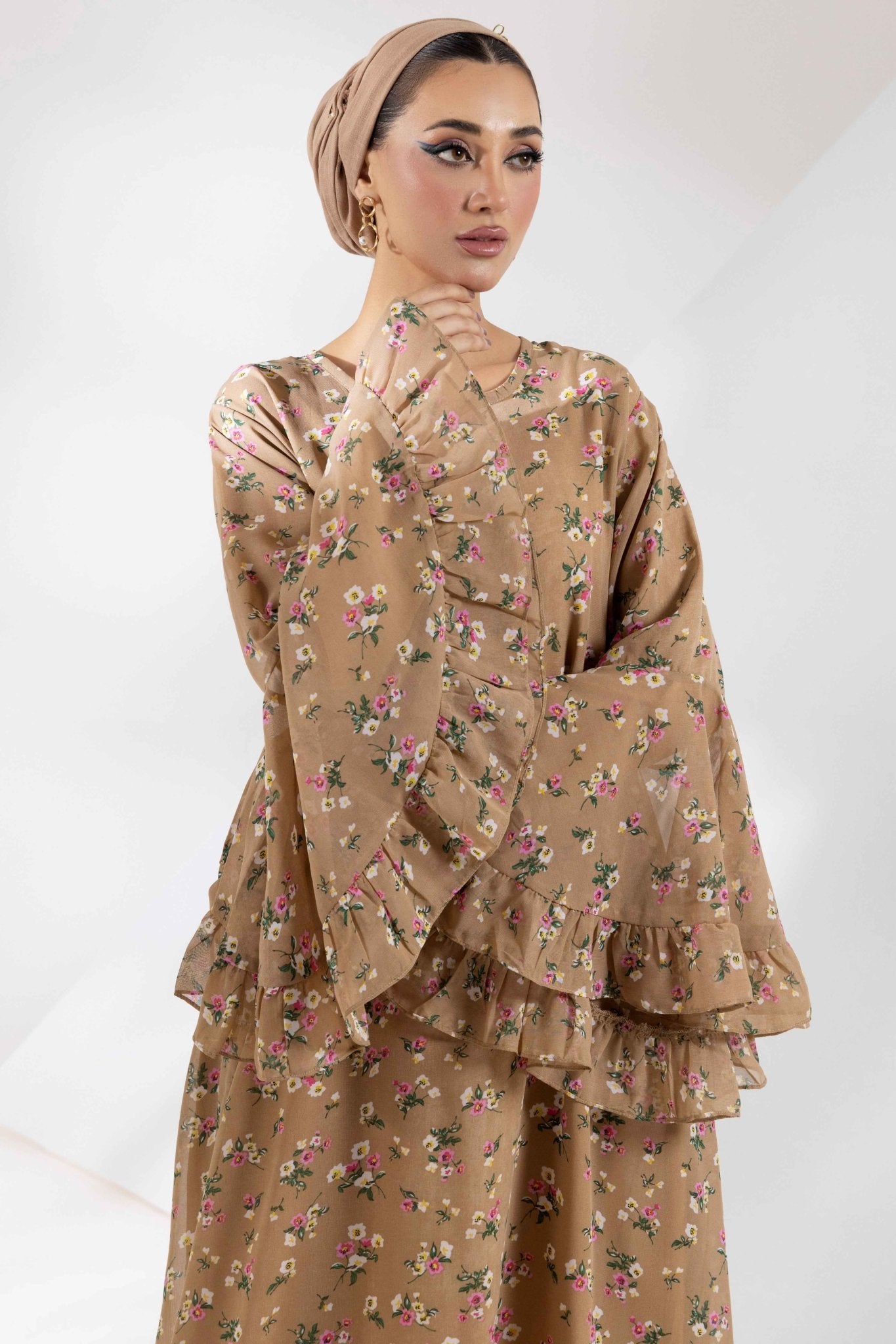 Meadow Maxi Light Brown Umbrella Cut Chiffon Dress | Malbus Maxi / Chiffon / L Meadow Maxi Light Brown Umbrella Cut Chiffon Dress | Malbus Maxi / Chiffon / L