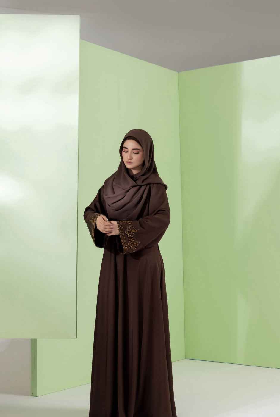 Mocha Luxe Dark Brown Hand-Embellished Umbrella Abaya | Malbus