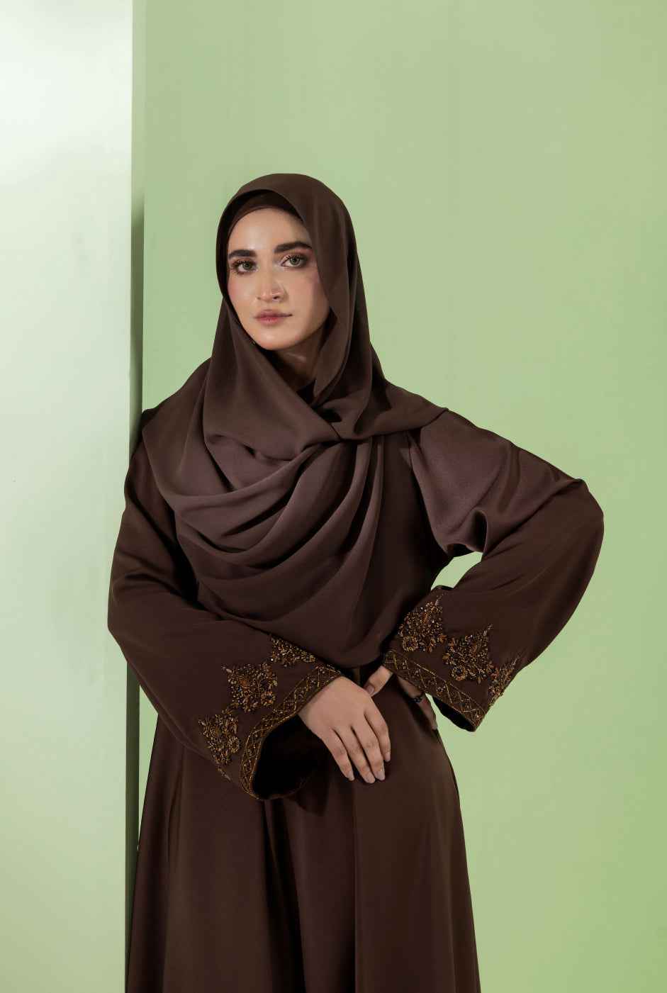 Mocha Luxe Dark Brown Hand-Embellished Umbrella Abaya | Malbus
