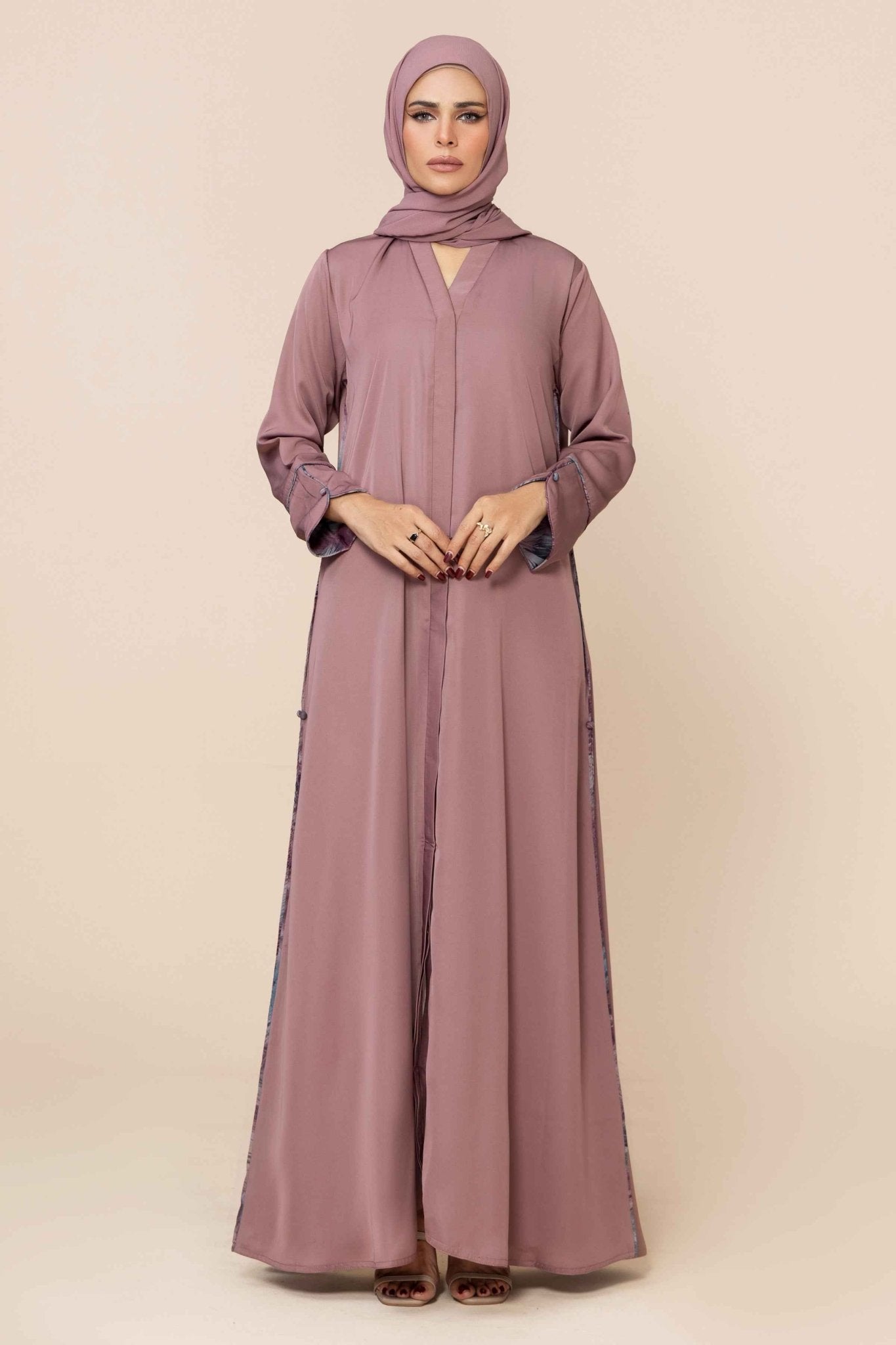 Rosara Deep Mauve Front Open Abaya with Silk Pleats | Malbus